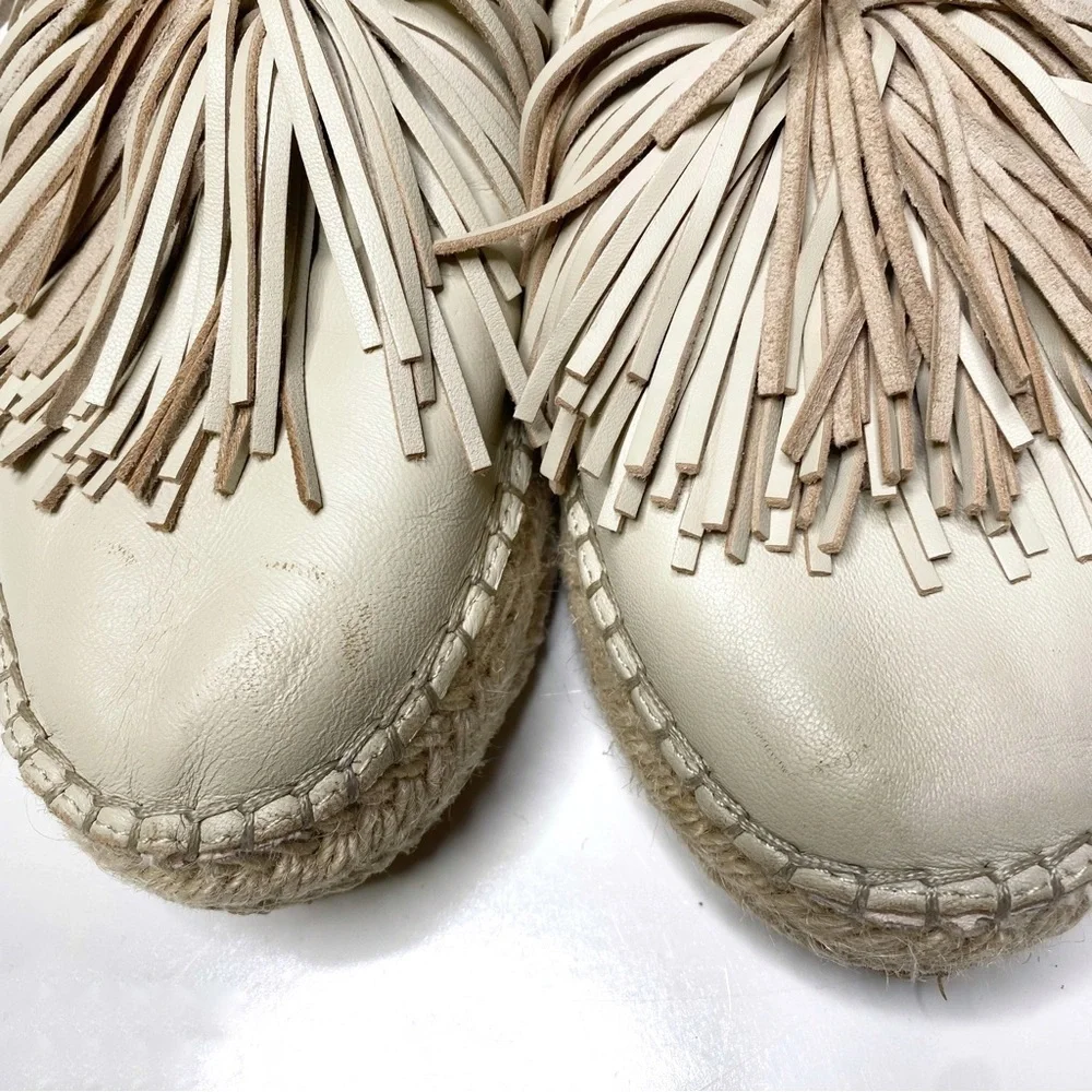 Renvy Leather Espadrilles Platform Slip On Tassel Fringe Beige Size 9.5